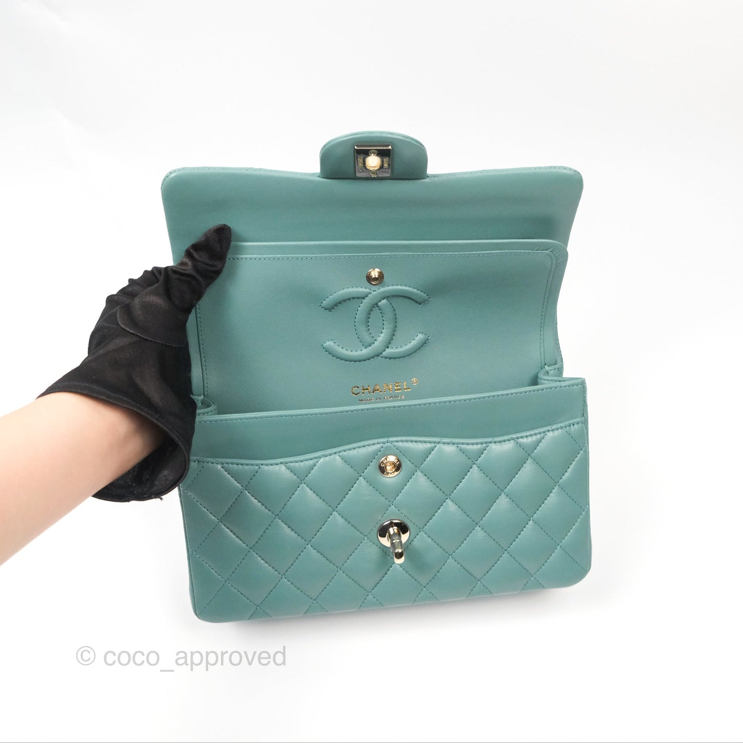 Chanel Small Quilted Classic Flap Dark Tiffany Green Lambskin Gold Hardware