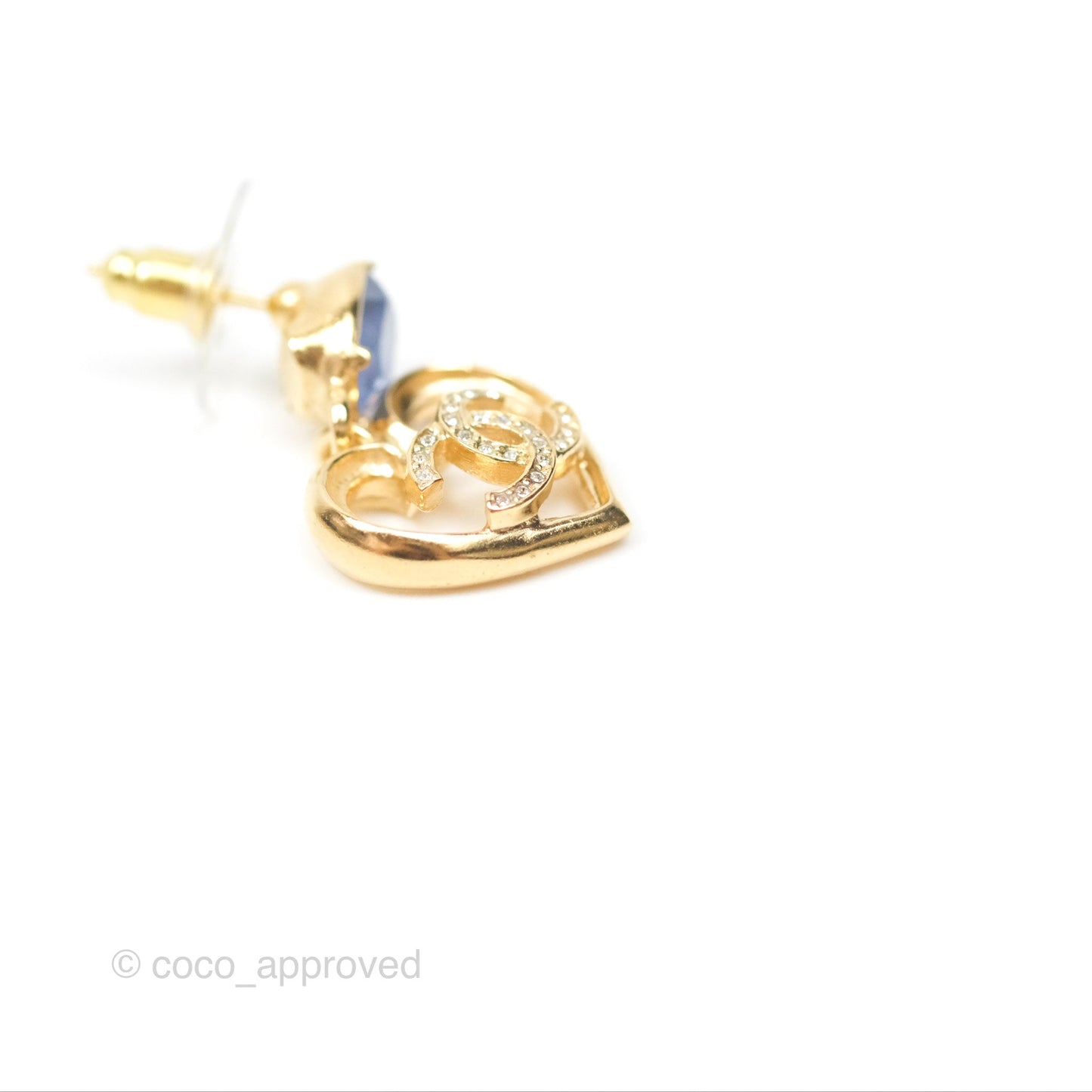 Chanel Oval Blue Resin Heart CC Drop Earrings Gold Tone 23C