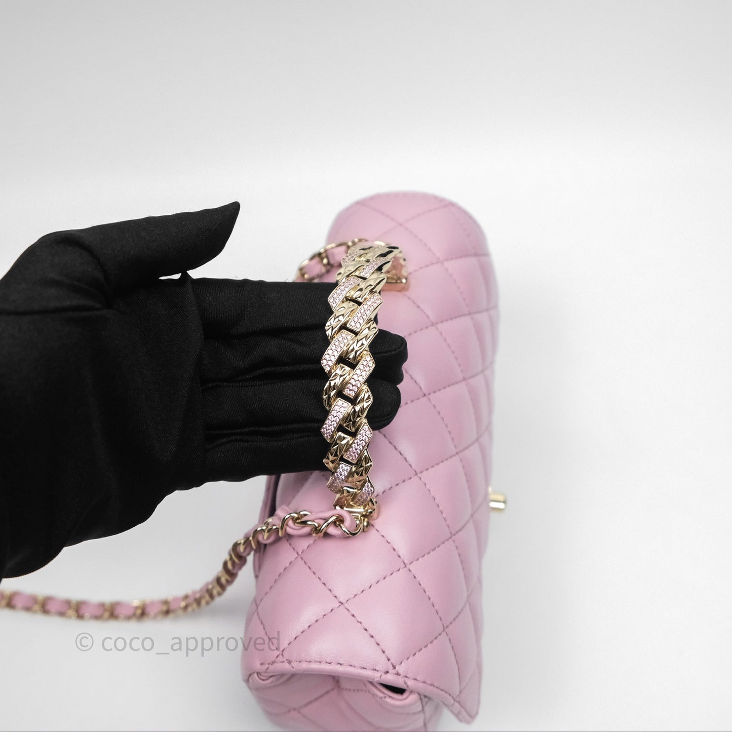 Chanel Logo Top Handle Mini Rectangular Flap Bag Pink Lambskin Gold Hardware
