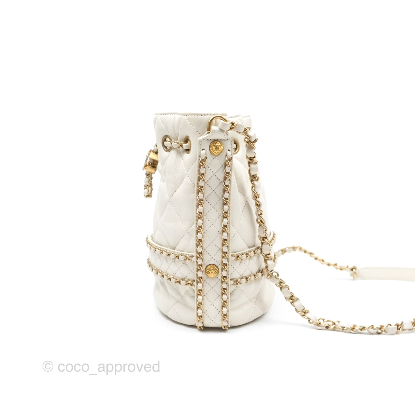 Chanel Quilted Drawstring Bucket Bag Ivory Lambskin Aged Gold Hardware