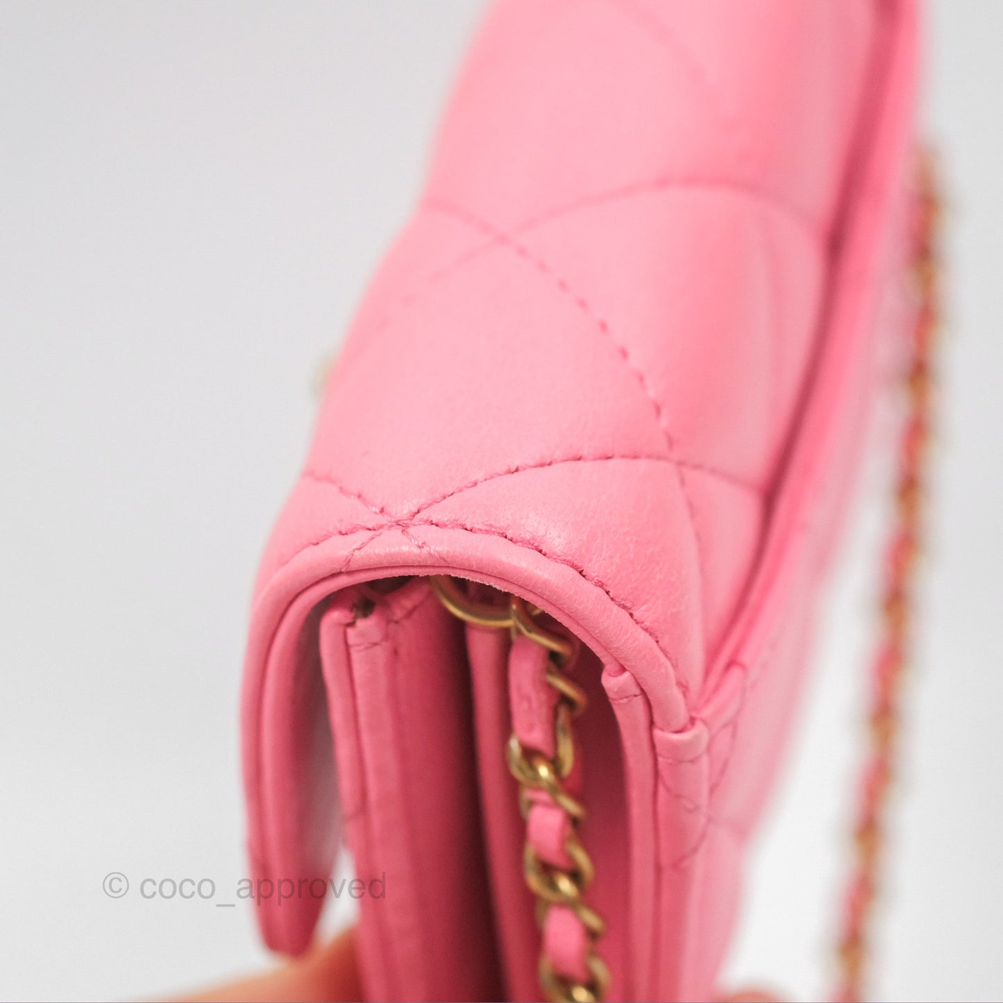 Chanel Pearl Crush Mini Clutch With Chain Pink Lambskin Aged Gold Hardware