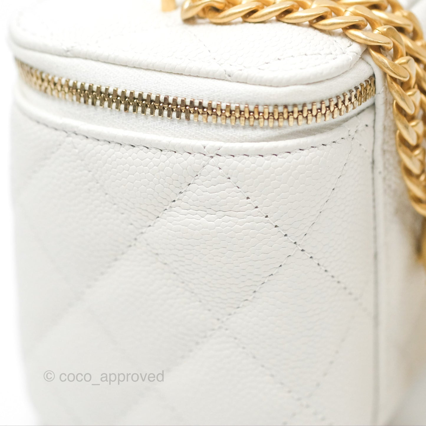 Chanel Vanity with Heart Adjustable Chain White Caviar Aged Gold Hardware