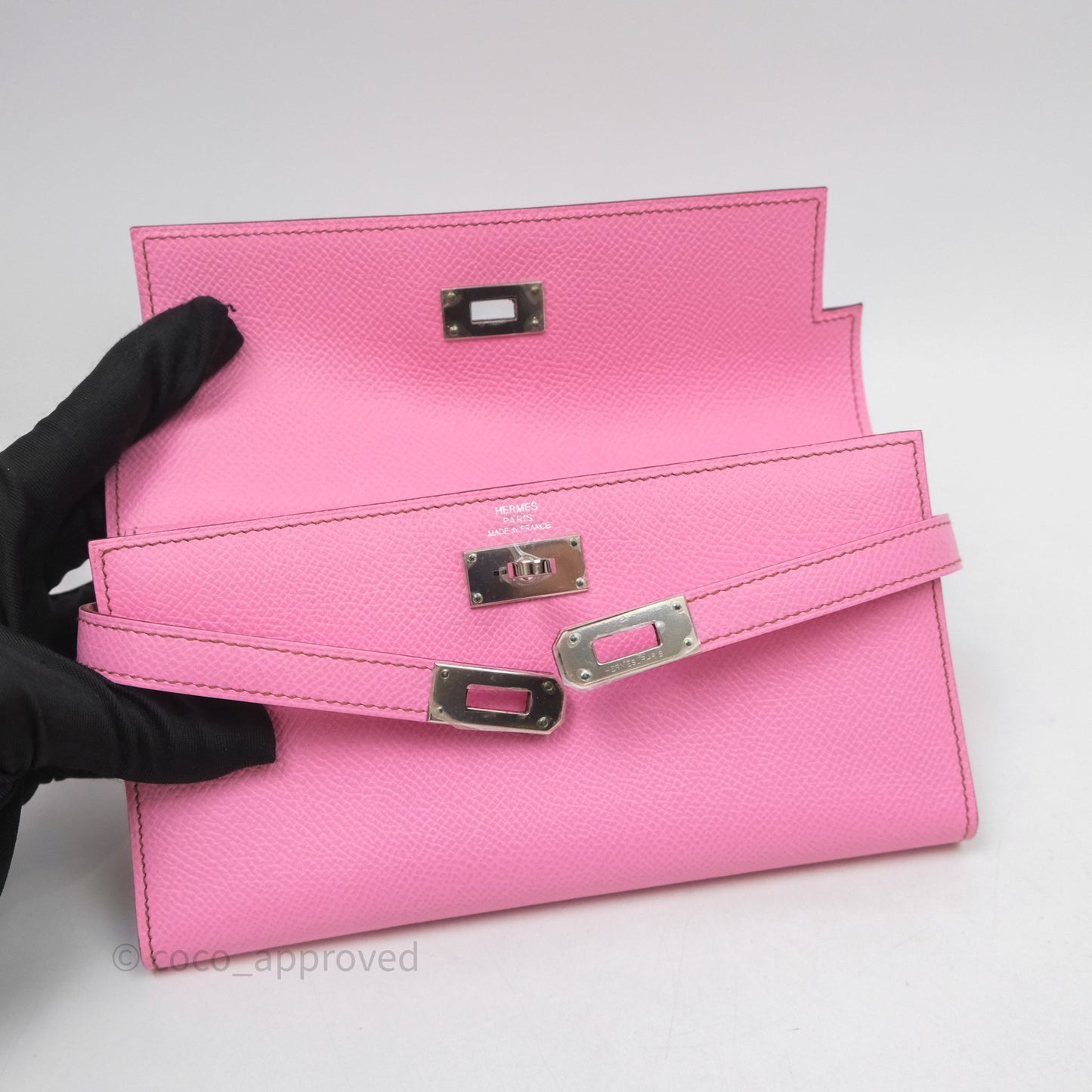 Hermès Kelly Wallet Bubblegum Epsom Palladium Hardware