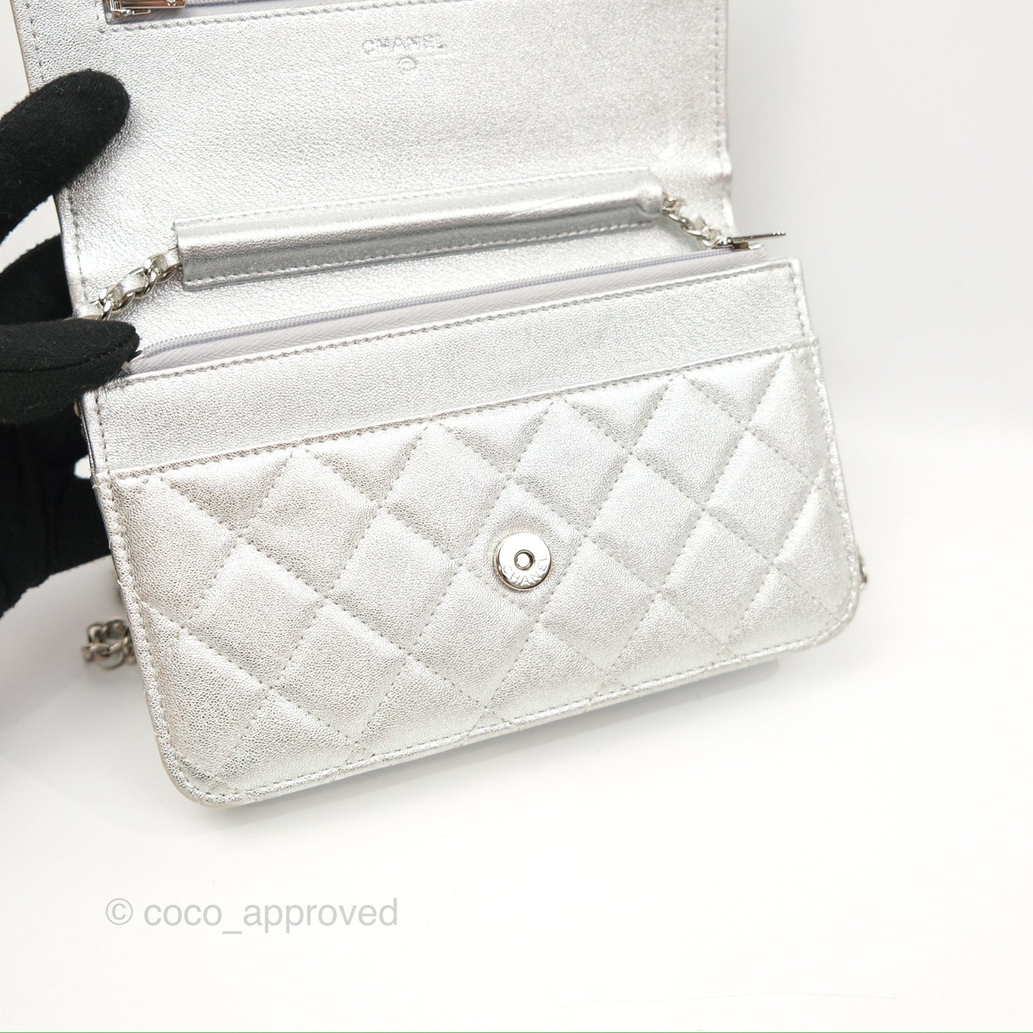 Chanel Quilted Wallet on Chain WOC Iridescent Silver Grained Lambskin Silver Hardware