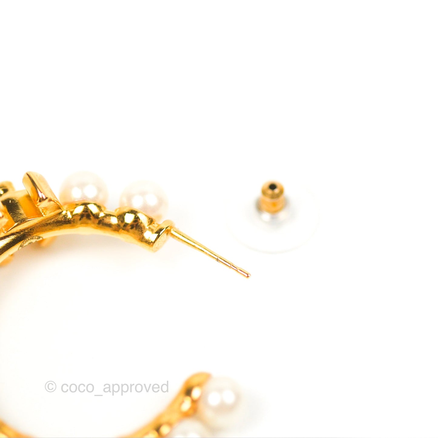 Chanel CC Pearl Hoop Earrings Gold Tone 20A
