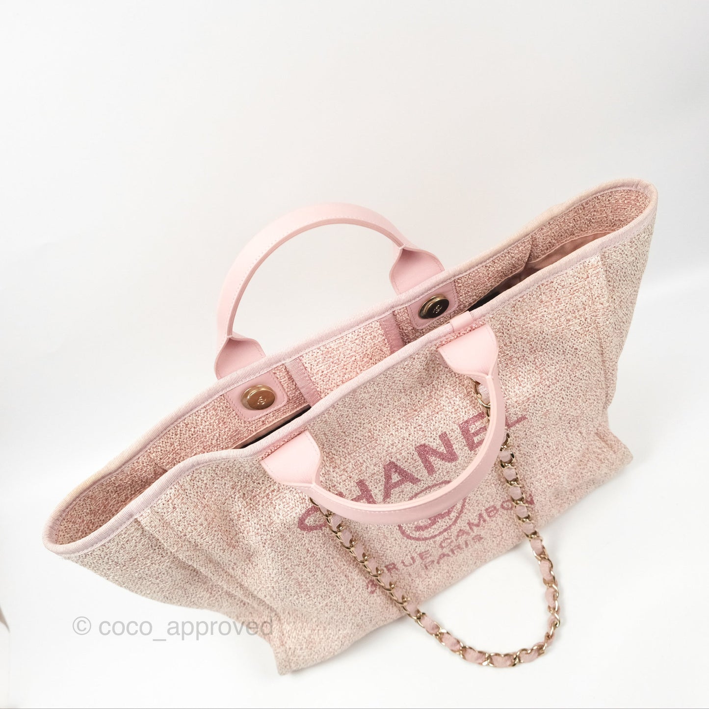 Chanel Large Deauville Tote Pink Woven Tweed Gold Hardware
