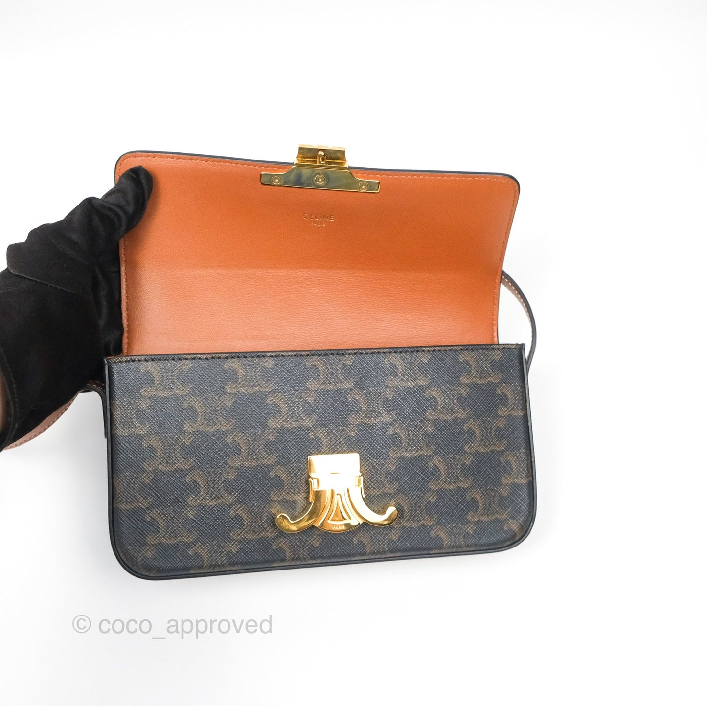 Celine Triomphe Shoulder Bag Tan Calfskin Triomphe Canvas