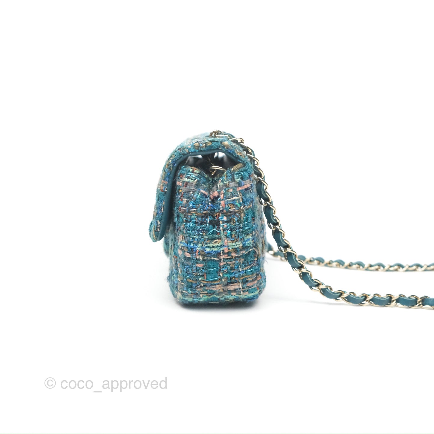 Chanel Mini Rectangular Flap Teal Tweed Gold Hardware