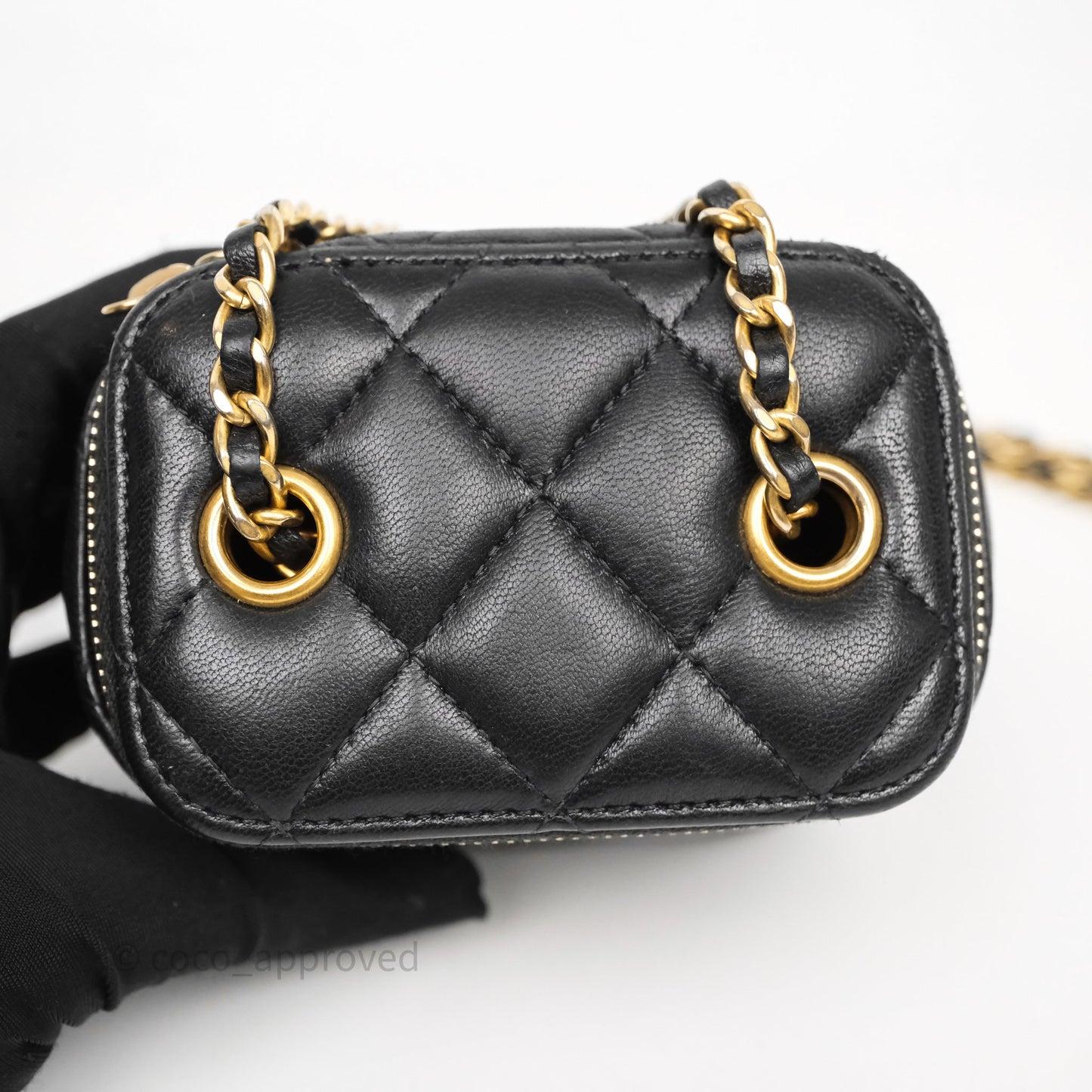 Chanel Mini Black Lambskin Vanity Pearl Crush With Chain Gold Hardware