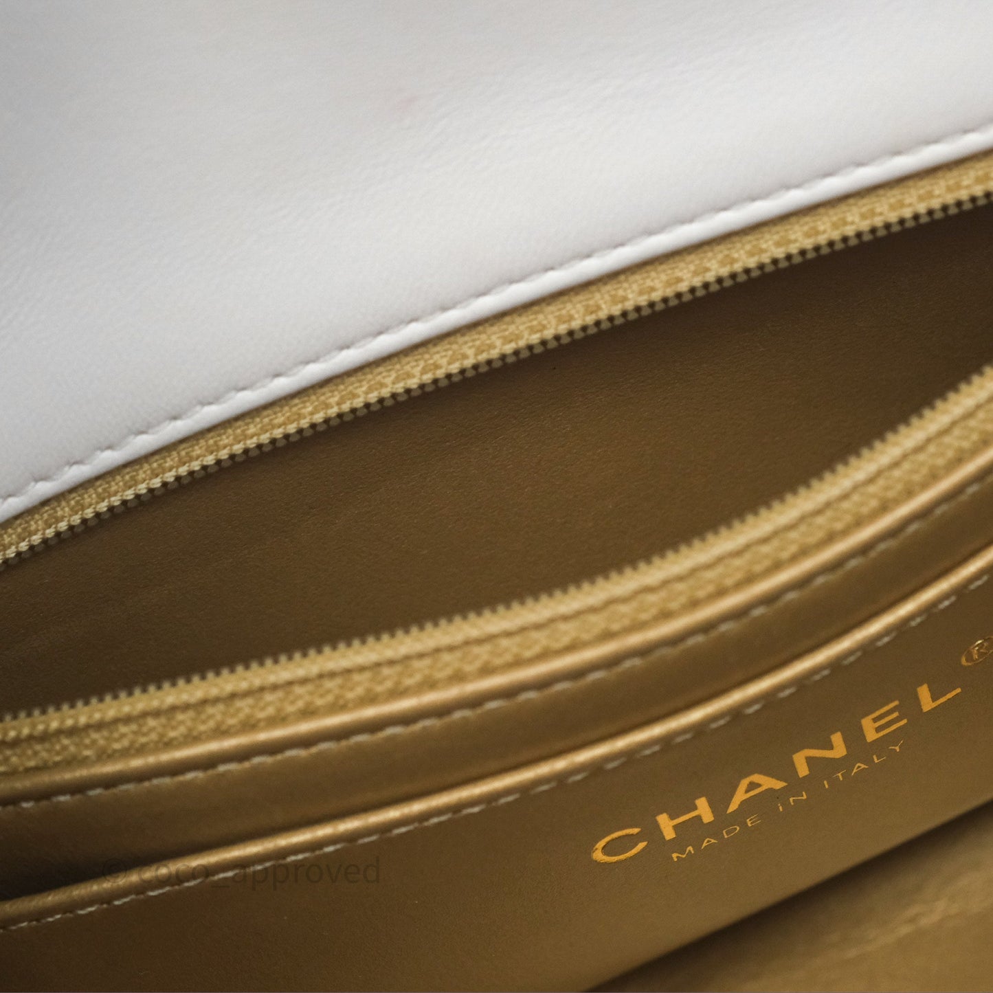 Chanel Mini Rectangular Pearl Crush Quilted White Lambskin Aged Gold Hardware