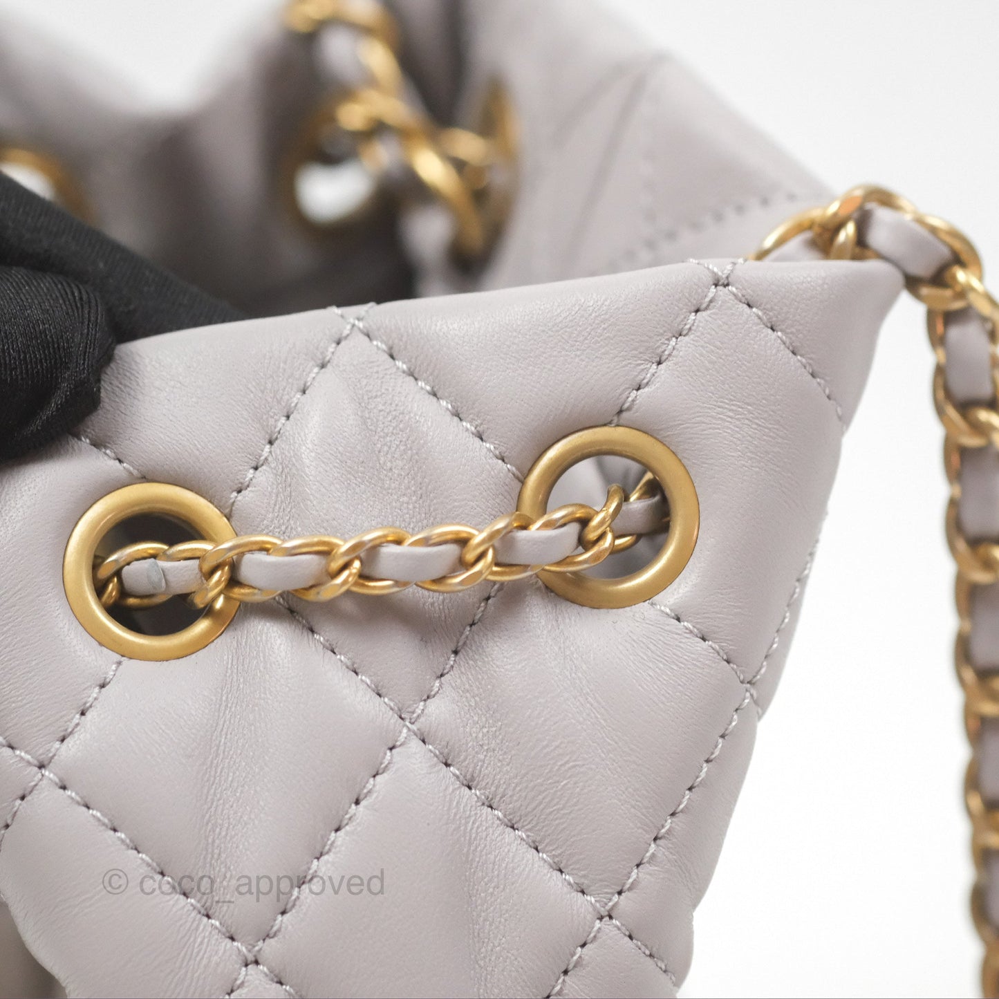 Chanel Pearl Crush Drawstring Bucket Bag Grey Lambskin Aged Gold Hardware