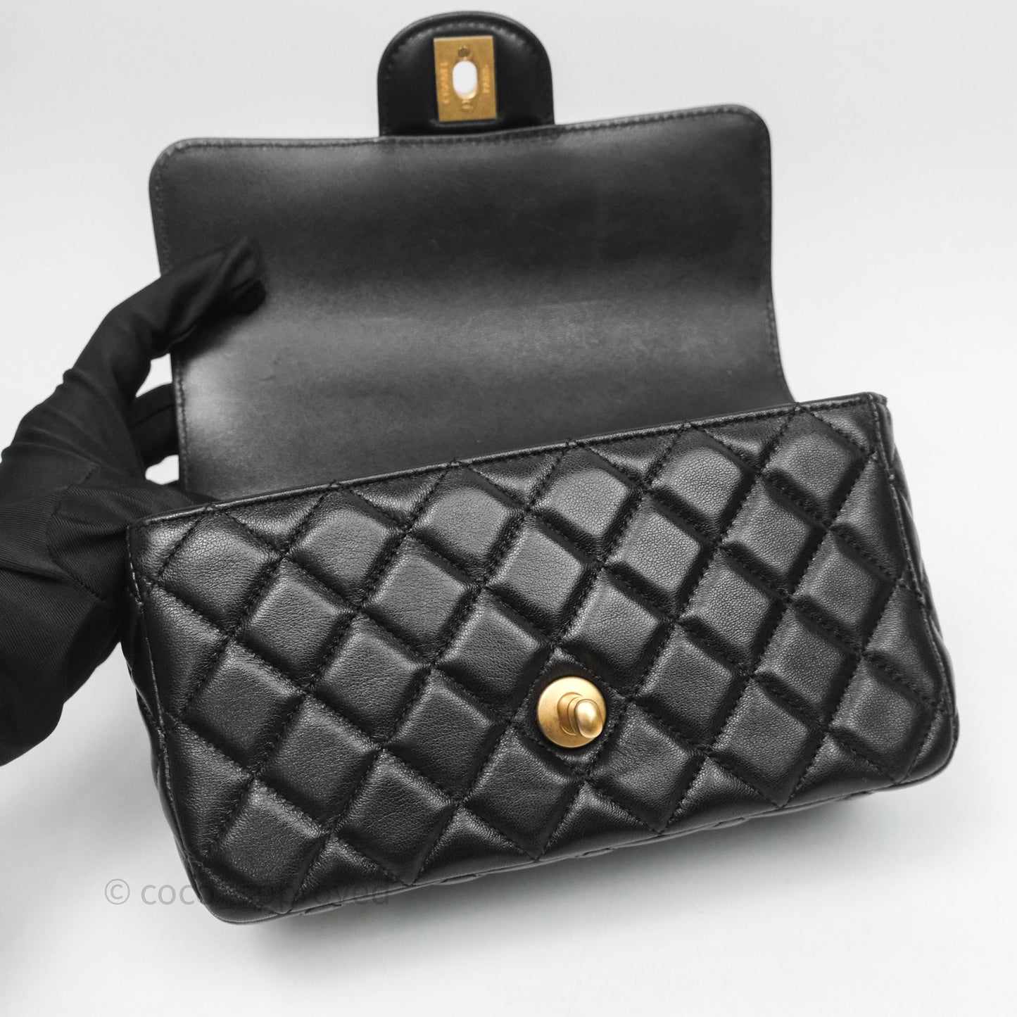 Chanel Top Handle Mini Rectangular Flap Bag Black Lambskin Aged Gold Hardware
