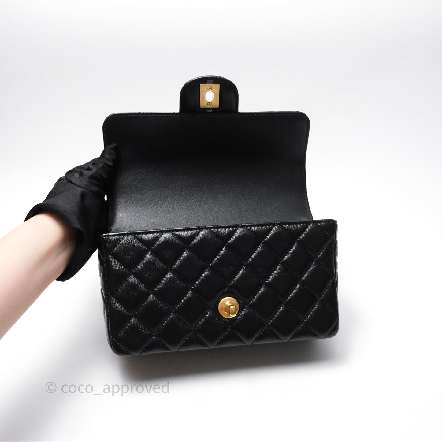Chanel Flap Bag with Crystal Logo Top Handle Black Lambskin Aged Gold Hardware
