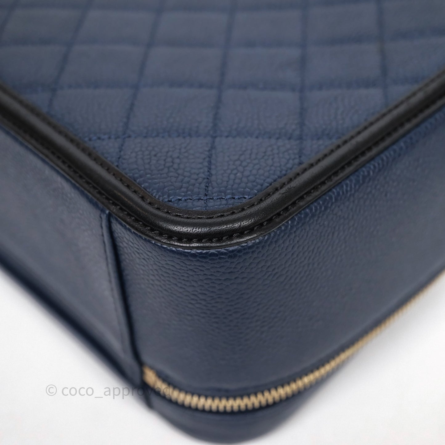 Chanel Quilted Large CC Filigree Vanity Case Navy Black Caviar Aged Gold Hardware