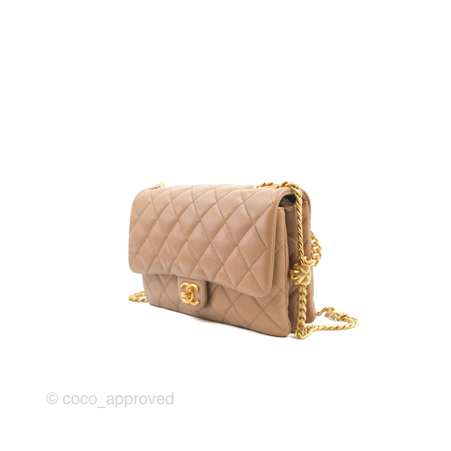 Chanel Flap Bag with Adjustable Strap Beige Lambskin Aged Gold Hardware 22K