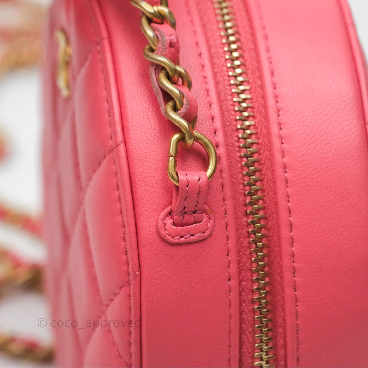 Chanel Quilted Pearl Crush Round Clutch With Chain Pink Lambskin Aged Gold Hardware