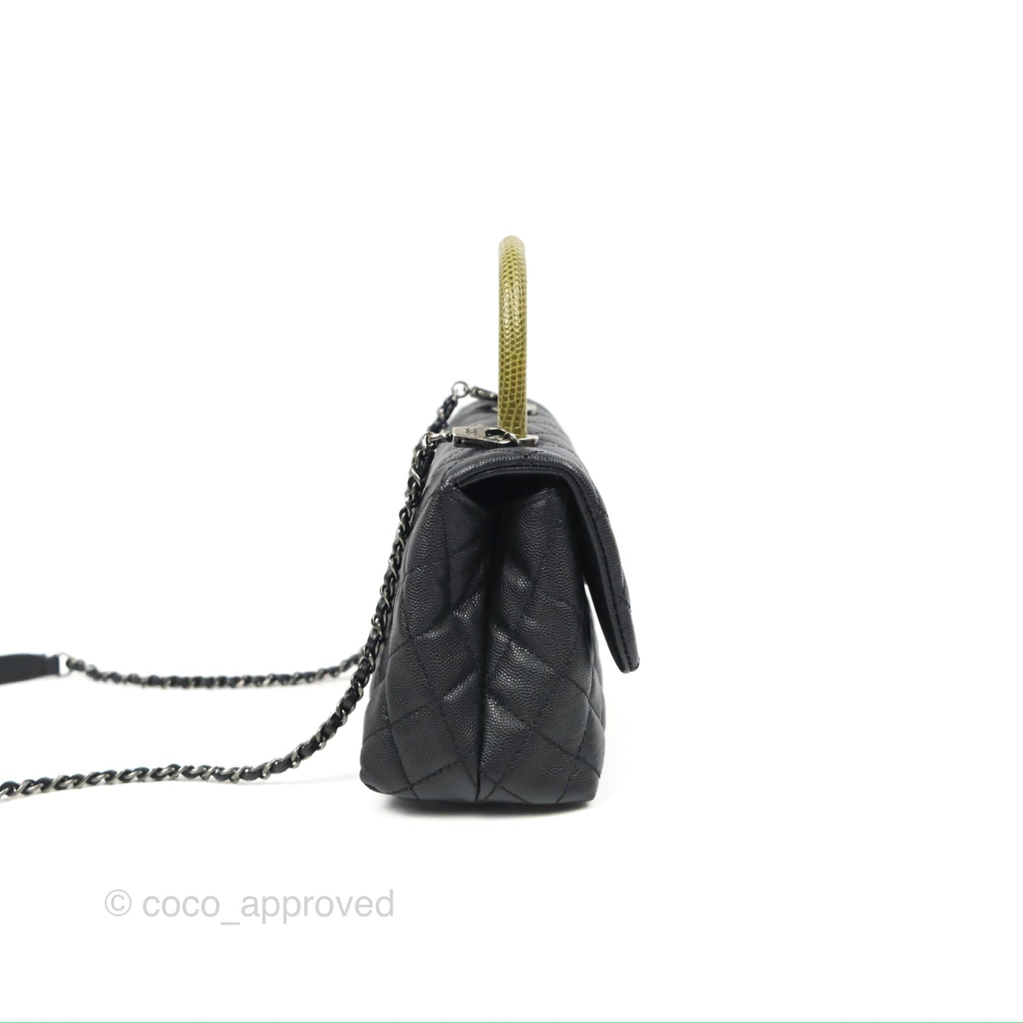Chanel Small Coco Handle Quilted Black Caviar Ruthenium Hardware Olive Lizard Handle