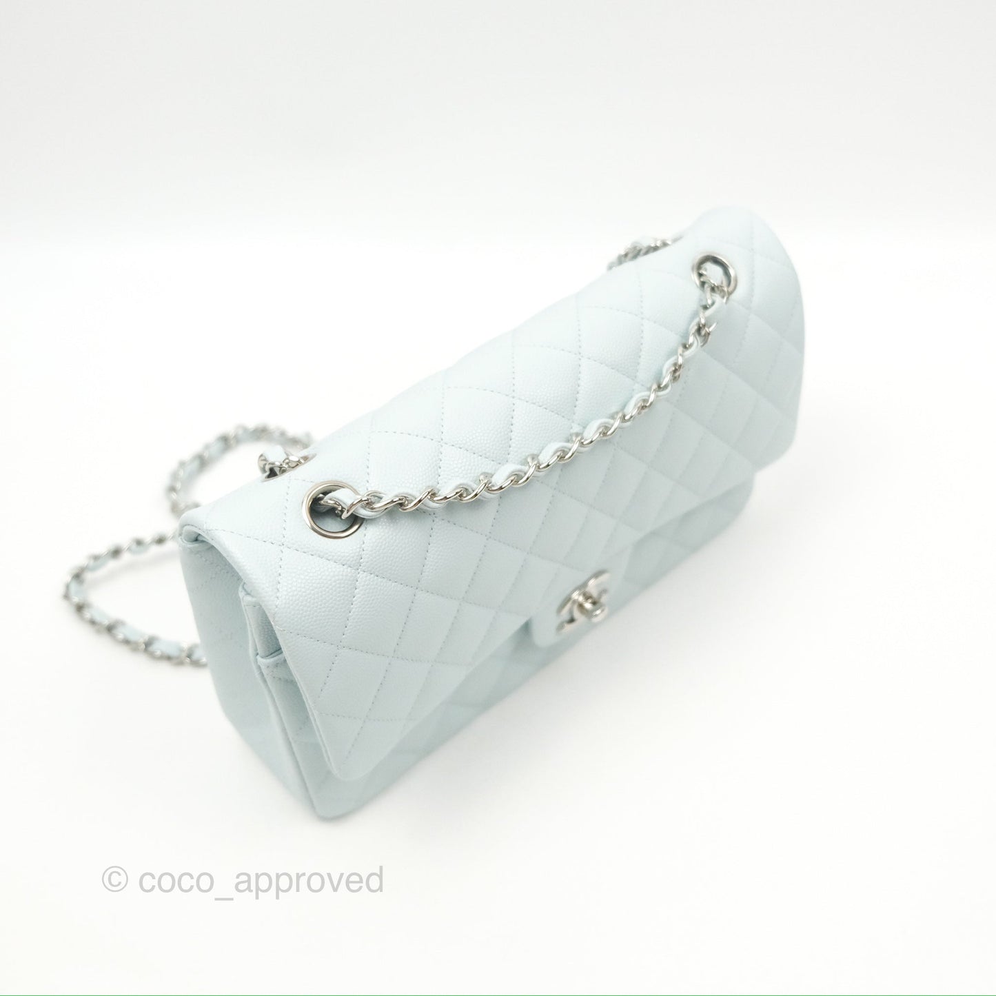 Chanel Medium Classic Flap Quilted Pale Blue Caviar Silver Hardware
