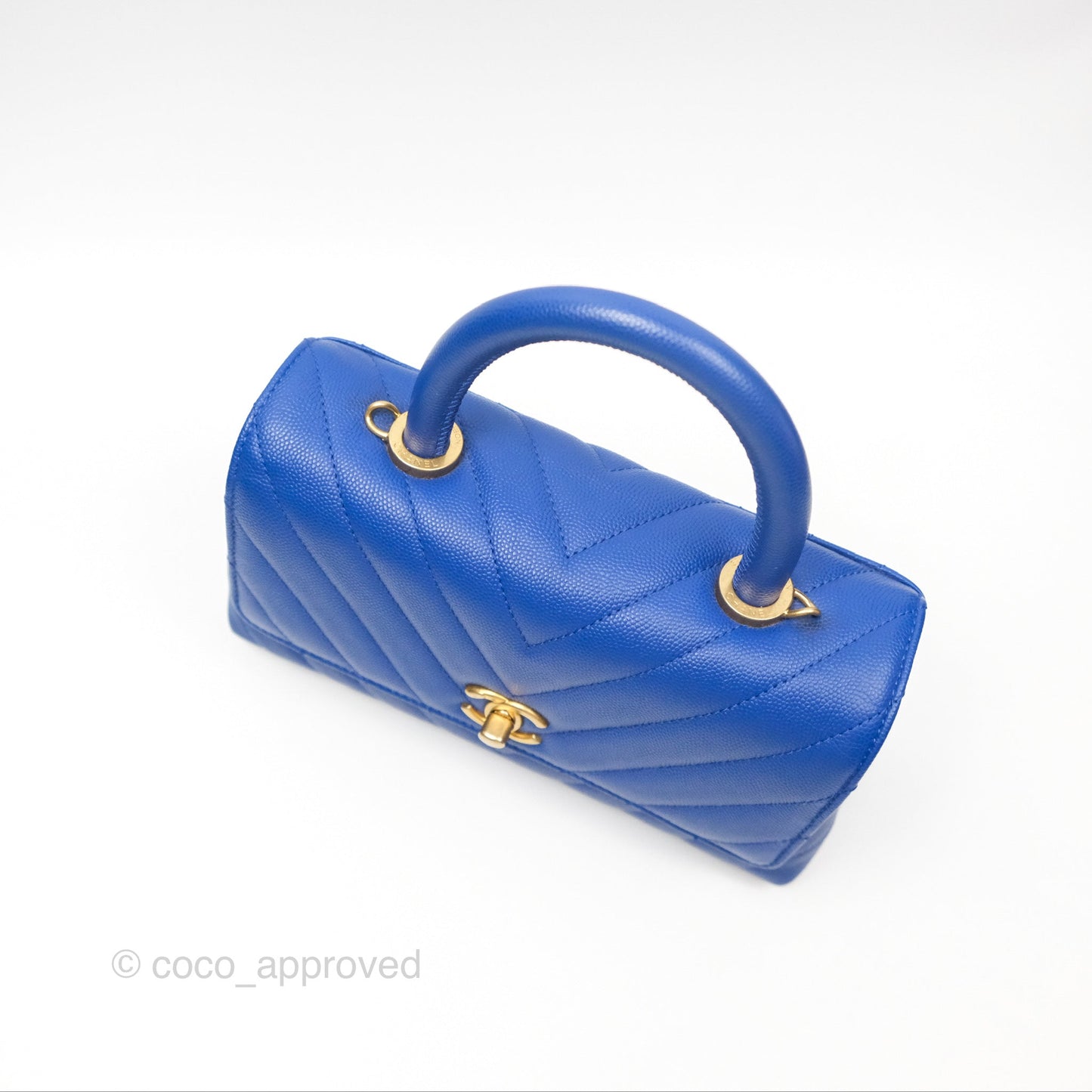Chanel Small Coco Handle Chevron Blue Caviar Aged Gold Hardware