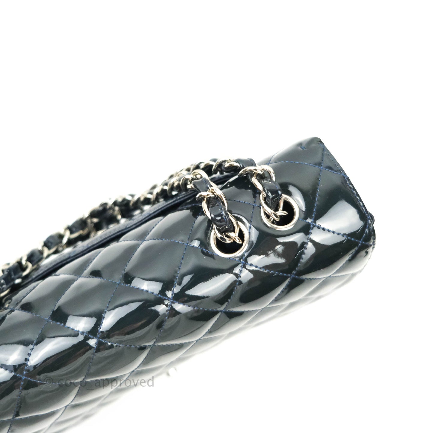 Chanel Jumbo Single Flap Teal Blue Patent Silver Hardware
