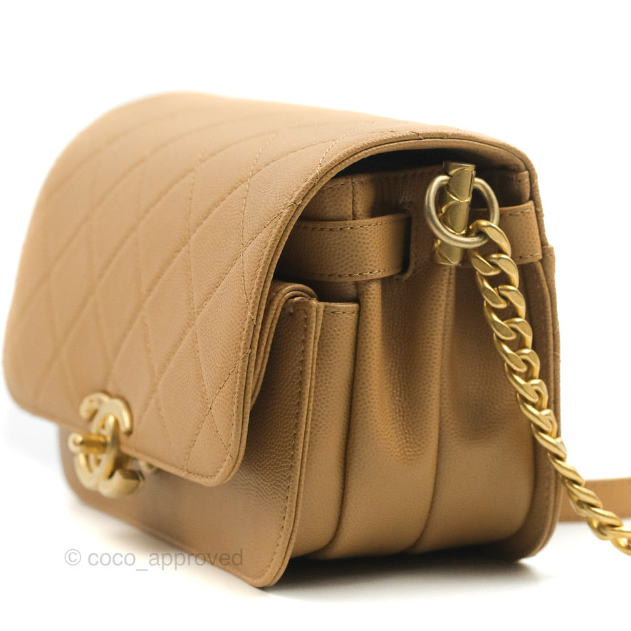 Chanel Mini Messenger Bag Beige Caviar Gold Hardware 21K