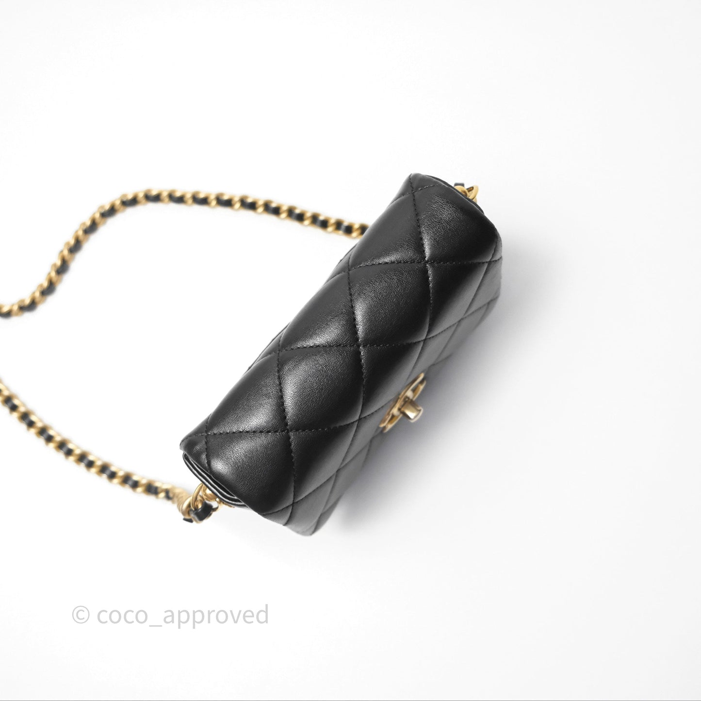 Chanel Logo Mini Square Flap Bag Black Lambskin Aged Gold Hardware 21B
