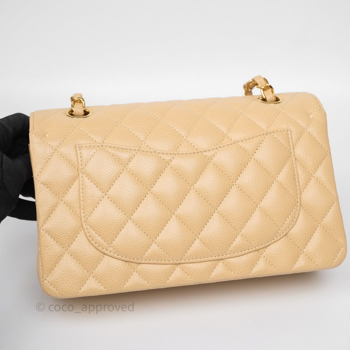 Chanel Small Classic Flap Quilted Beige Caviar Gold Hardware