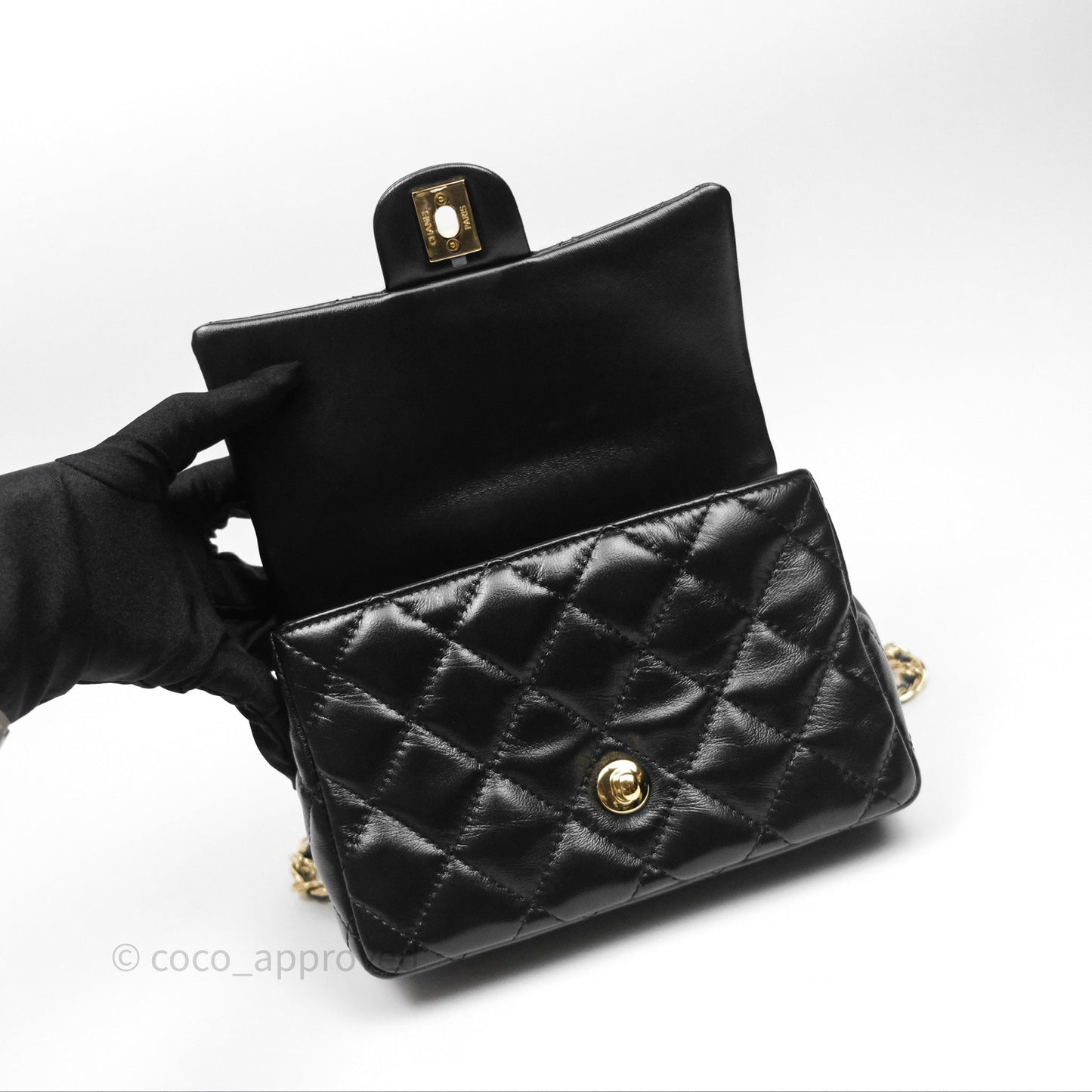 Chanel Top Handle Flap Bag Black Shiny Lambskin Gold Hardware 23S