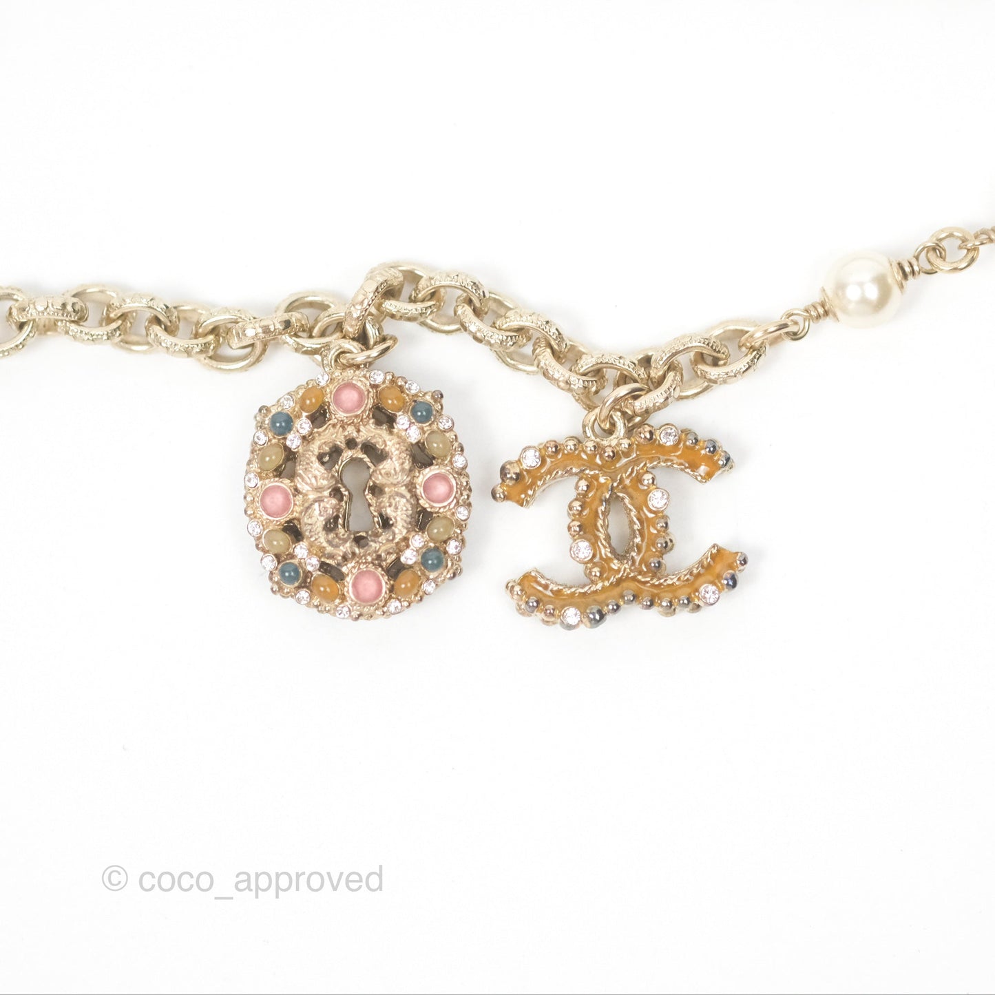 Chanel CC Keys Pendant Double Chain Necklace Gold Tone 17A