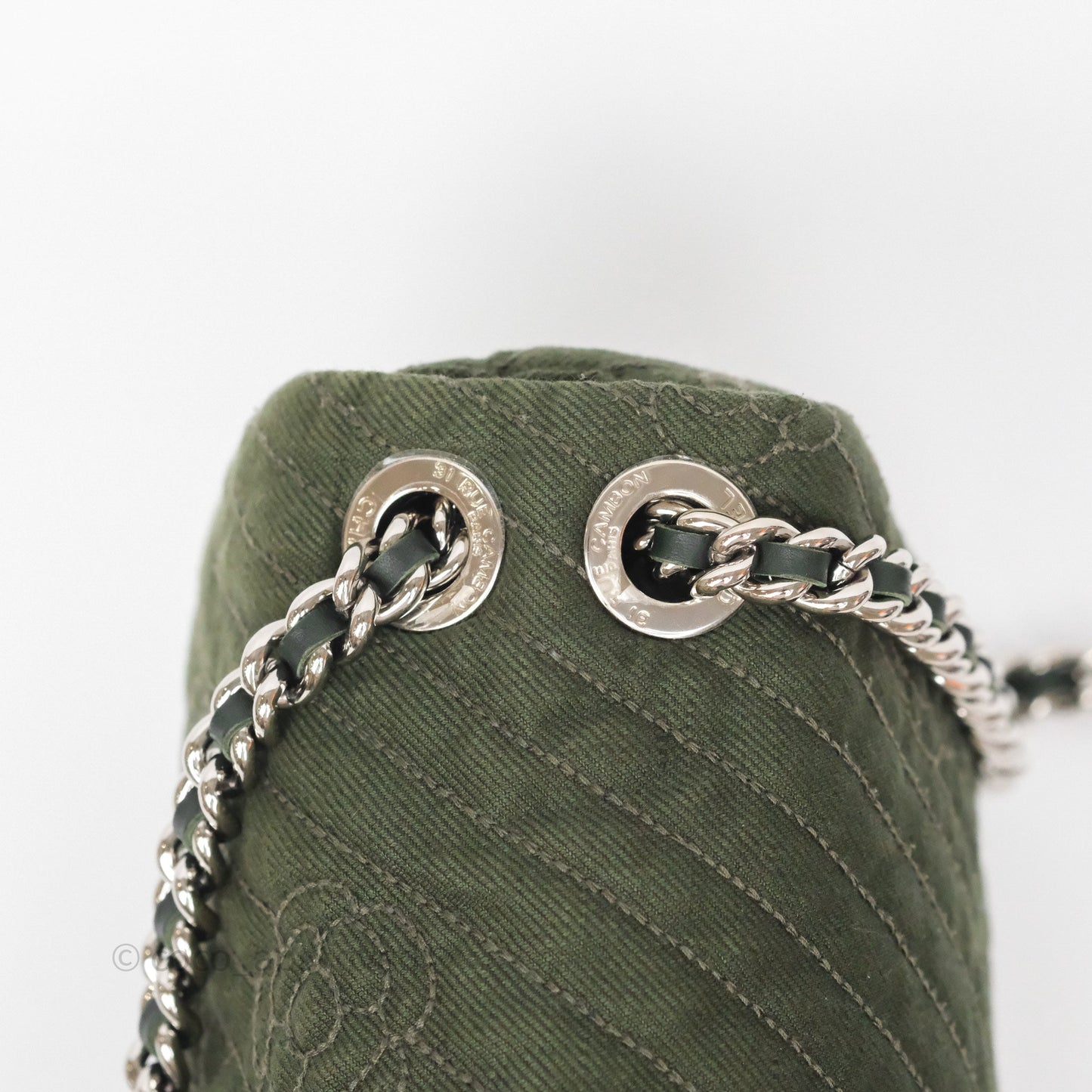 Chanel Camellia Flap Bag Army Green Denim Silver Hardware