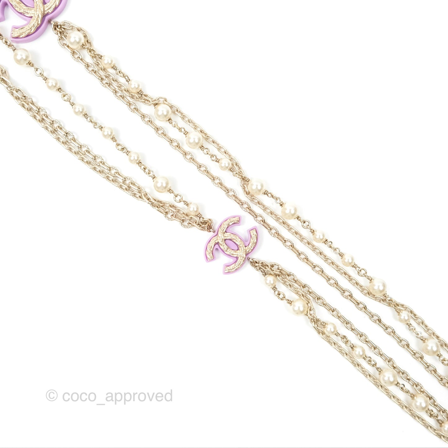 Chanel Purple CC Pearl Chain Long Necklace Gold Tone 15B