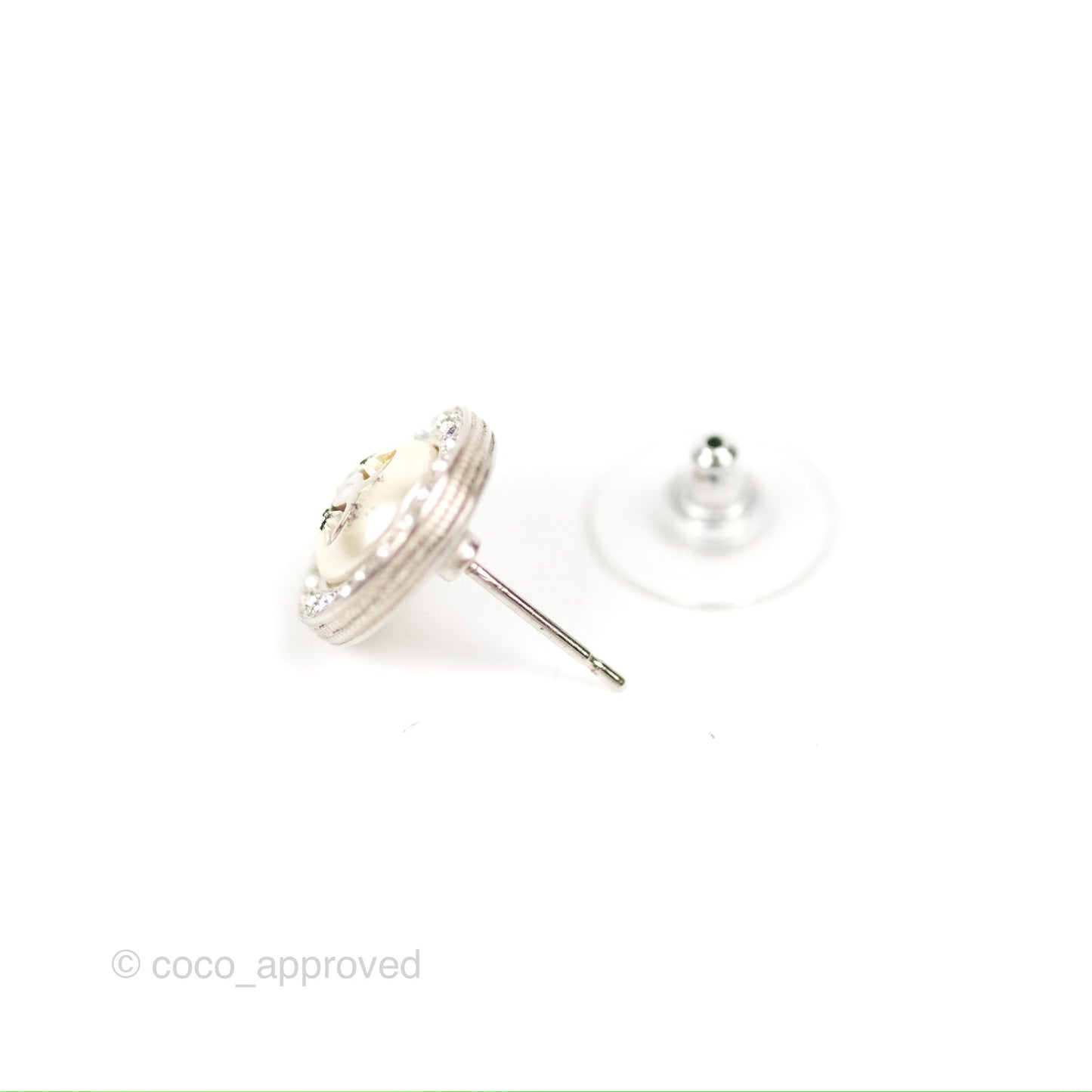 Chanel Round Crystal CC Earrings Silver Tone 18P