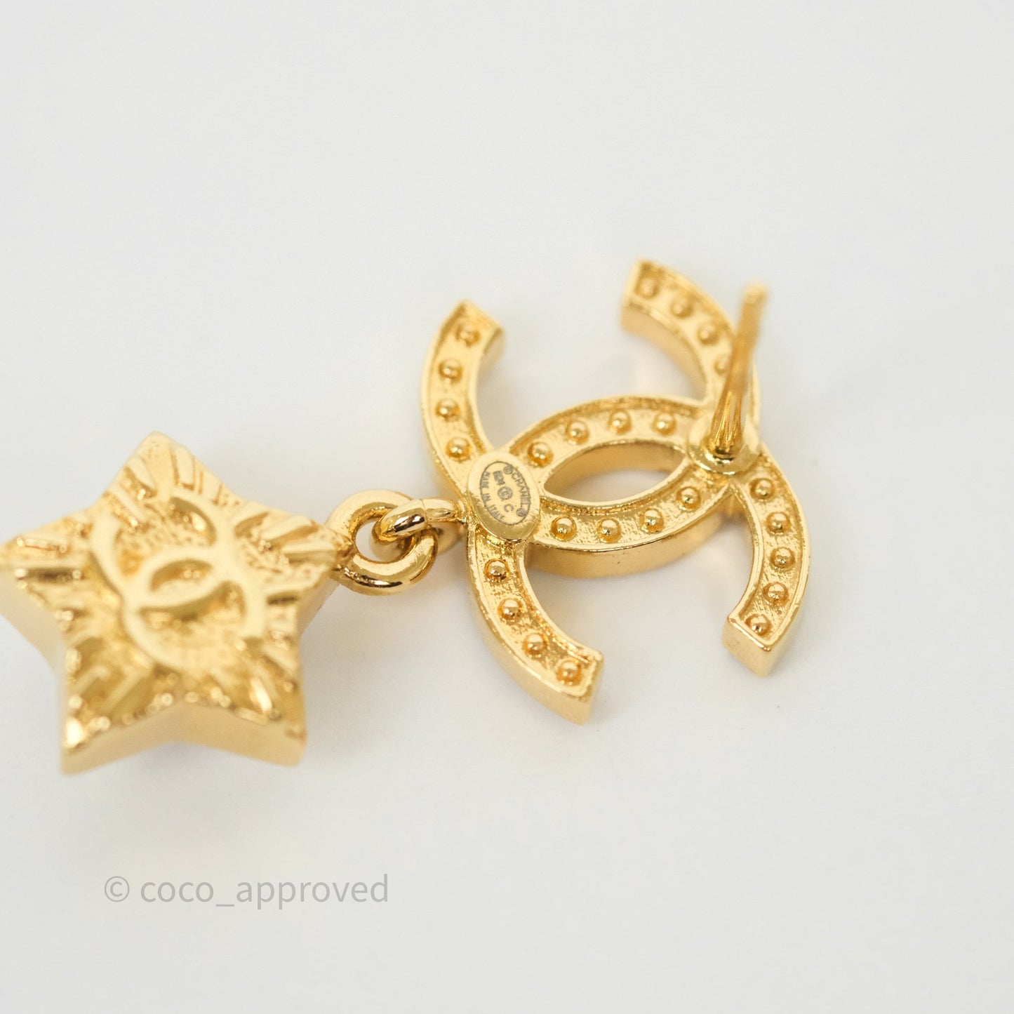 Chanel Crystal CC Star Drop Earrings Gold Tone 24C