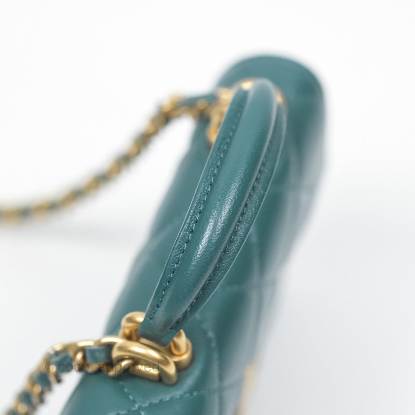 Chanel Mini Handle Clutch With Chain Green Lambskin Aged Gold Hardware