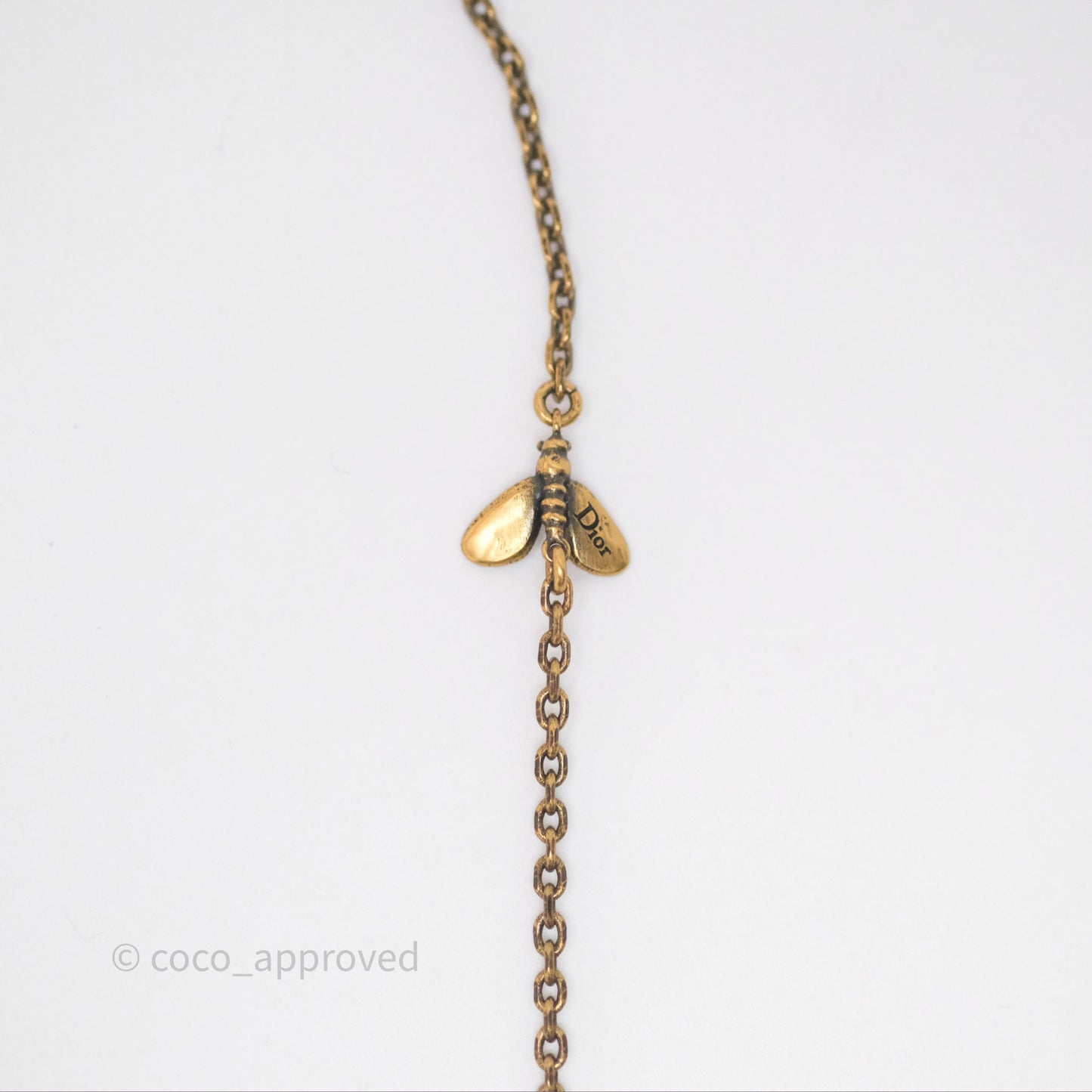 Christian Dior Pearl Crystal Bee Long Necklace Aged Gold Tone