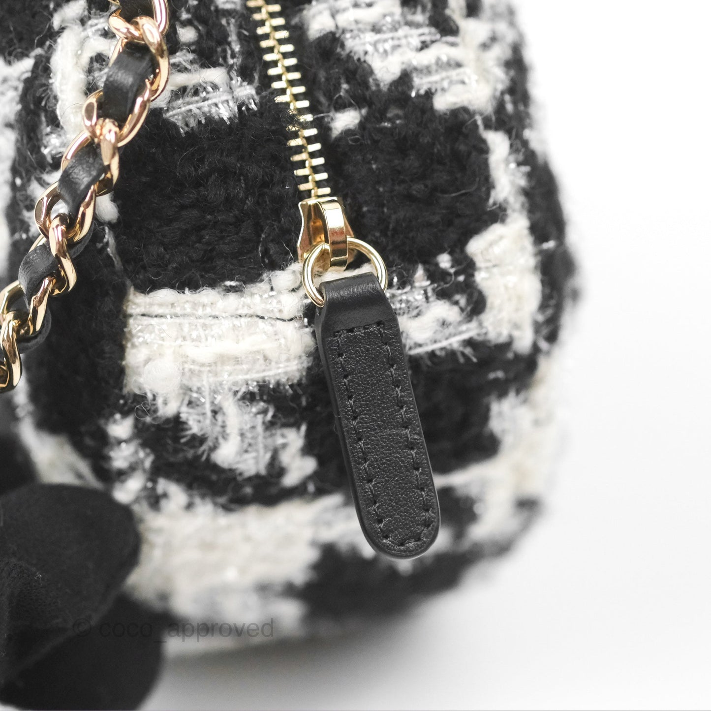 Chanel Shearling CC Round Clutch with Chain & Coin Purse Black & White Houndstooth Tweed
