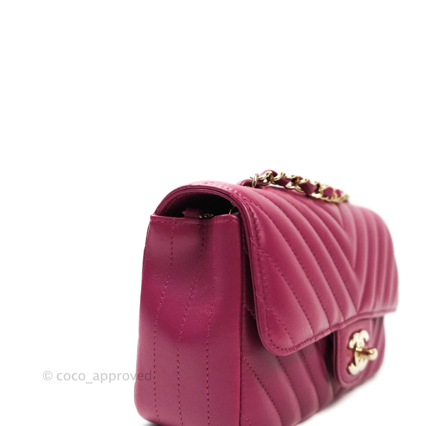 Chanel Chevron Mini Rectangular Lambskin Flap Dark Pink Gold Hardware