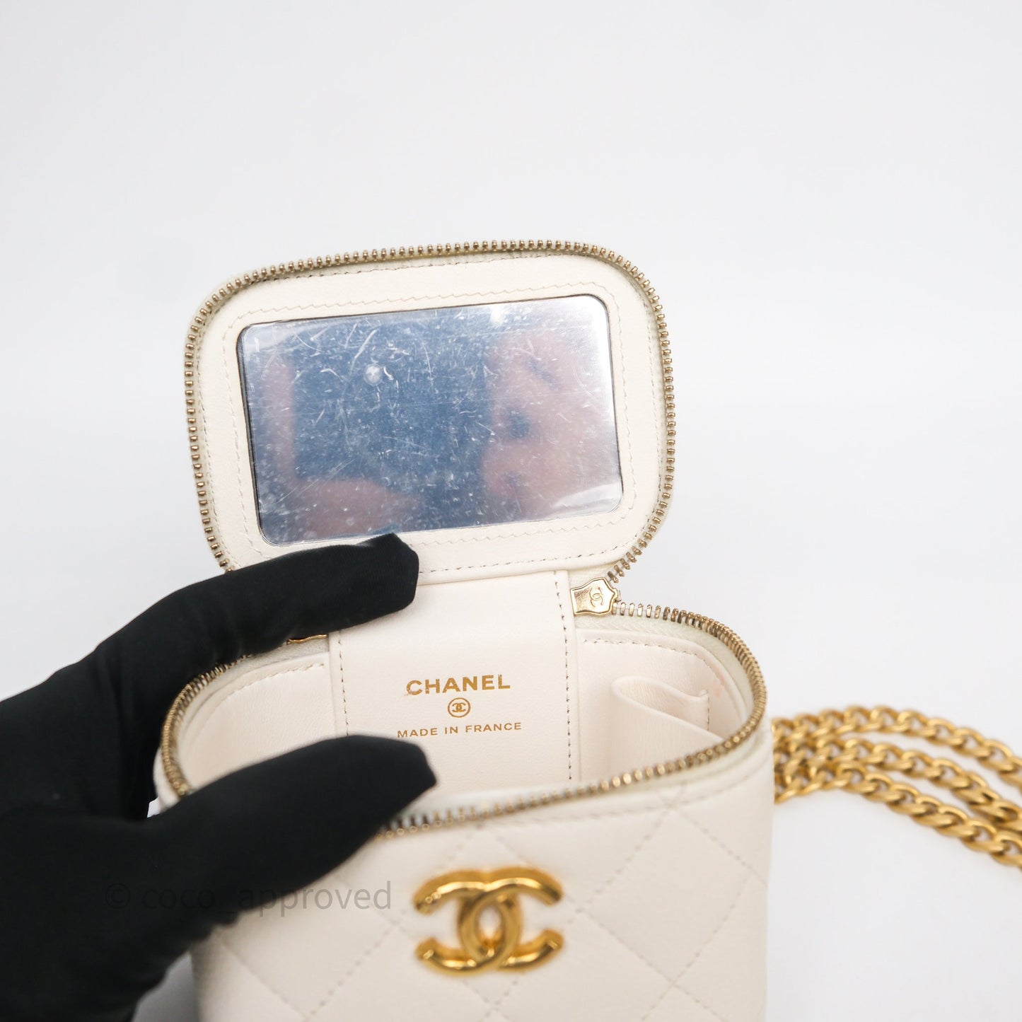 Chanel Heart Crush Mini Vanity With Chain White Caviar Aged Gold Hardware