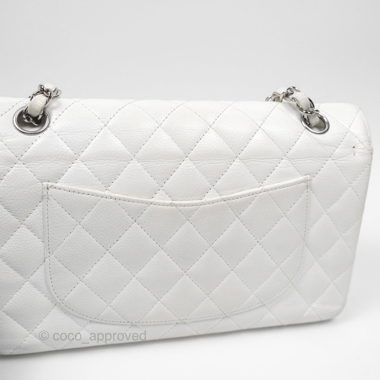 Chanel Classic M/L Medium Flap Quilted White Caviar Silver Hardware