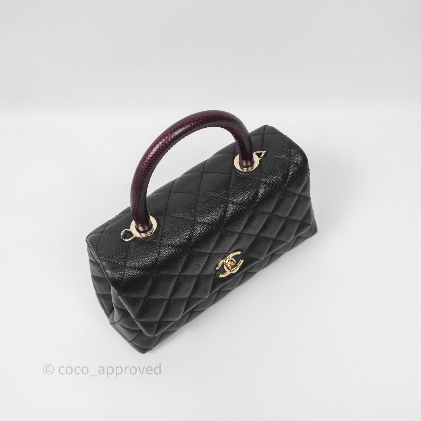 Chanel Small Coco Handle Quilted Black Caviar Aged Gold Hardware Lizard Handle