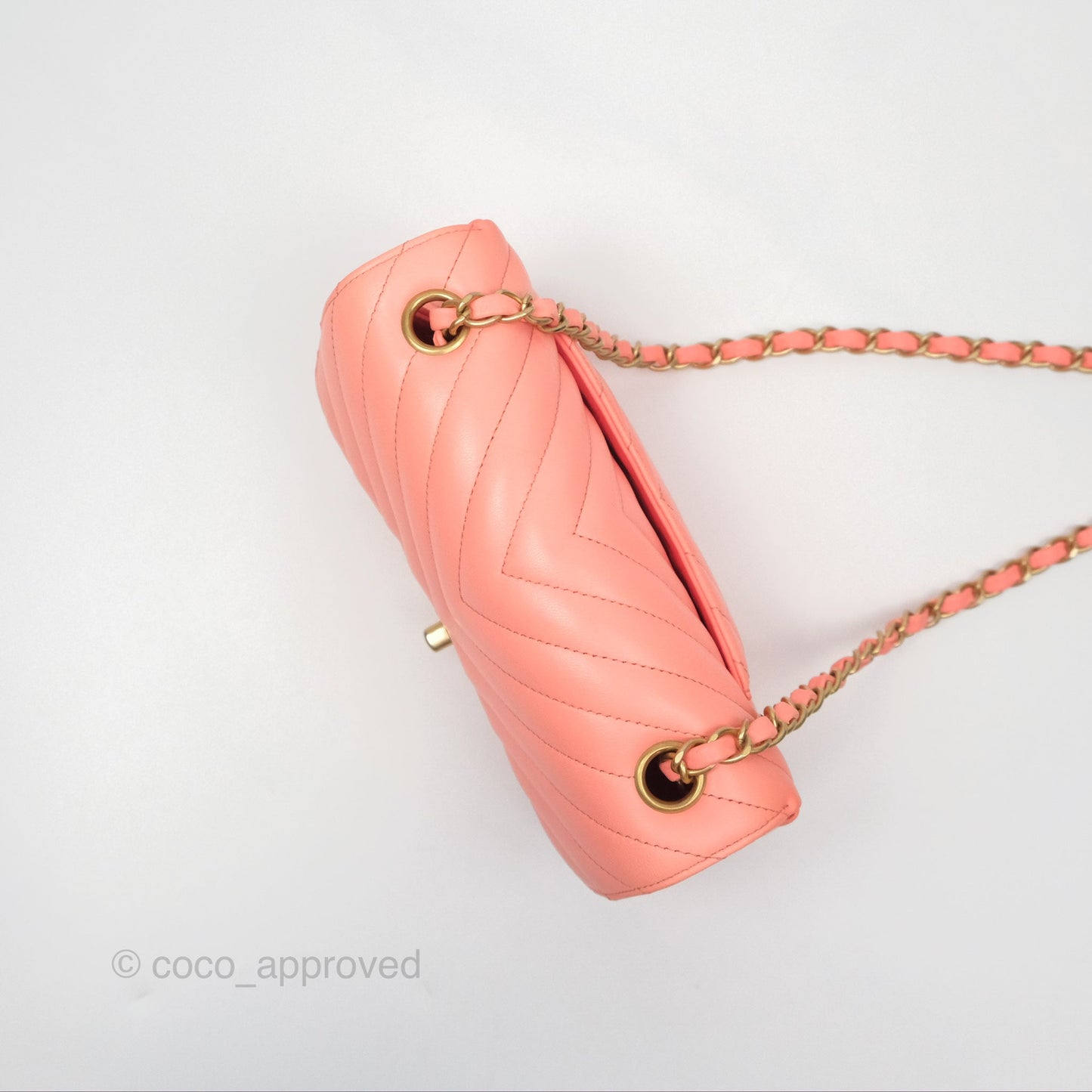 Chanel Chevron Mini Rectangular Flap Peach Pink Lambskin Aged Gold Hardware