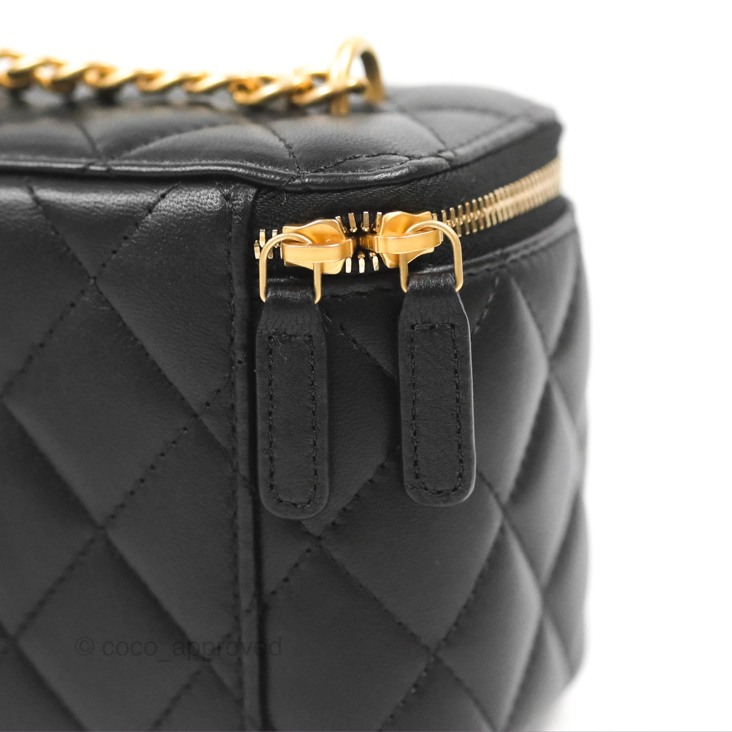 Chanel Quilted Vanity Rectangular with Camellia Adjustable Chain Black Lambskin 23S
