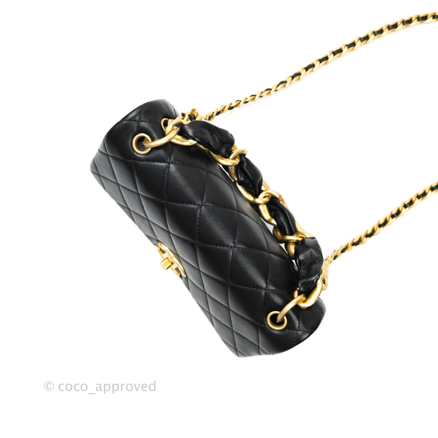 Chanel Leather Entwined Chain Bag Black Shiny Lambskin Aged Gold Hardware