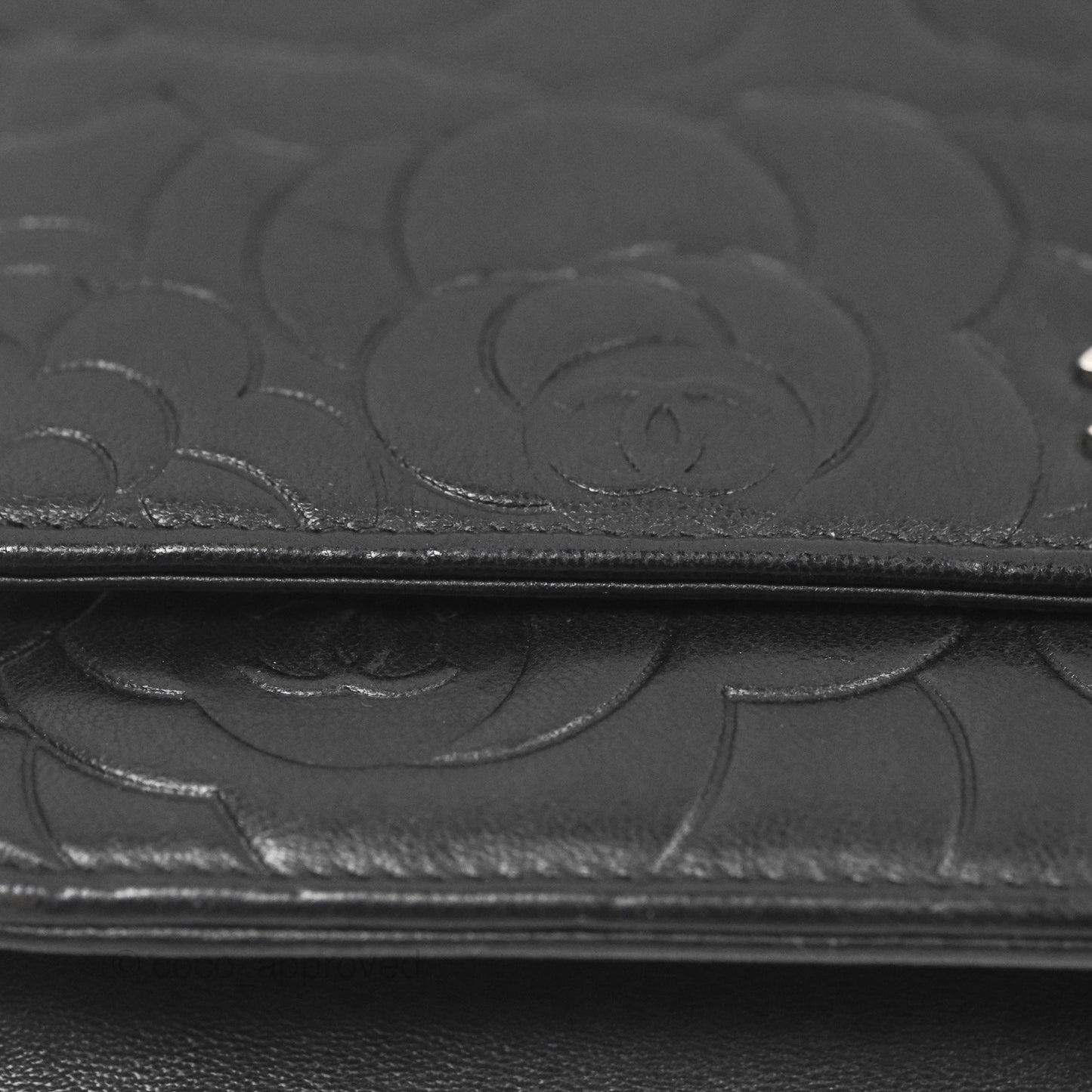 Chanel Camellia Embossed Wallet on Chain WOC Black Lambskin Silver Hardware
