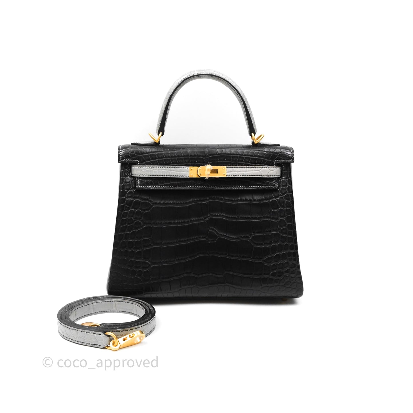 Hermès Retourne Kelly 25 Alligator Perso Noir 89 / Gris Mouette 4Z Brushed Gold Hardware