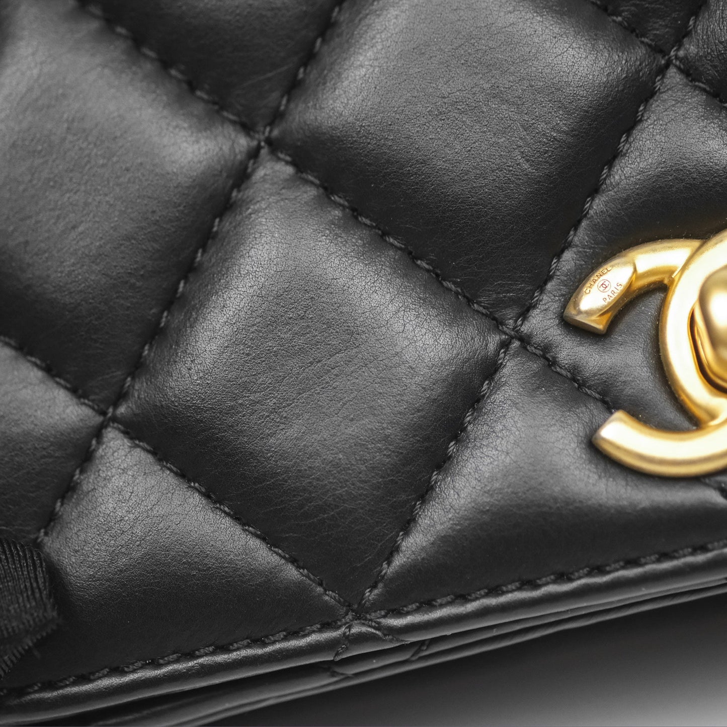 Chanel Quilted Side Chain Flap Bag Black Calfskin Aged Gold Hardware