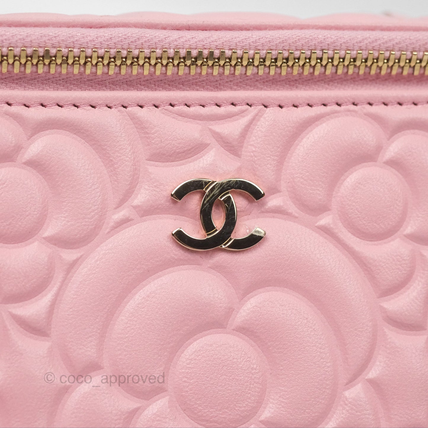Chanel Vanity with Chain Camellia Embossed Pink Lambskin Gold Hardware
