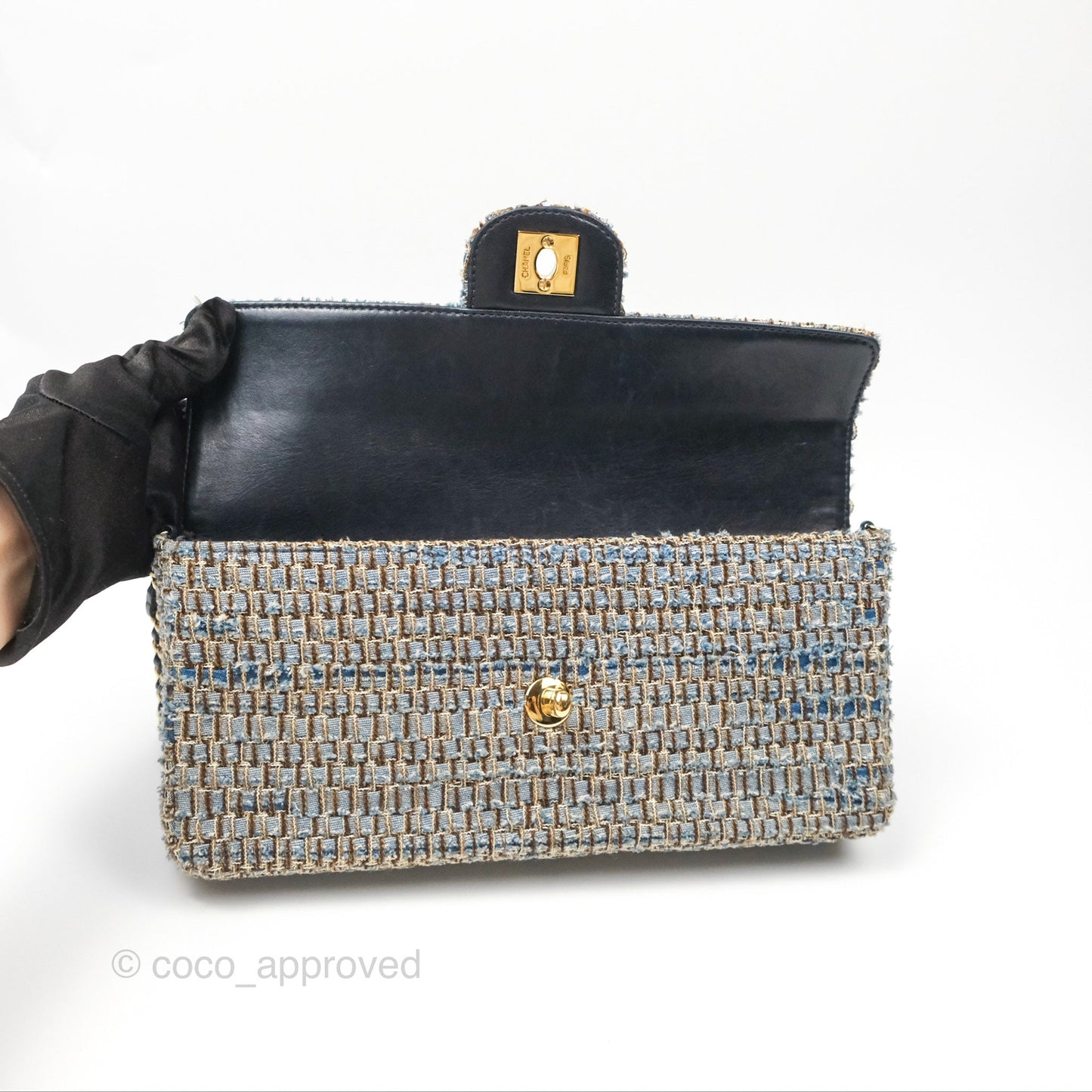 Chanel East West Chocolate Bar Flap Bag Grey Blue Tweed 24K Gold Hardware