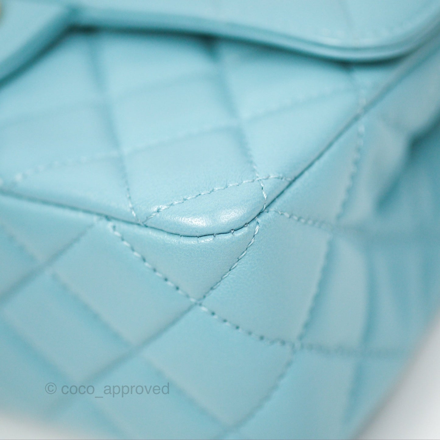 Chanel Flap Bag with Crystal Logo Top Handle Tiffany Blue Lambskin Aged Gold Hardware