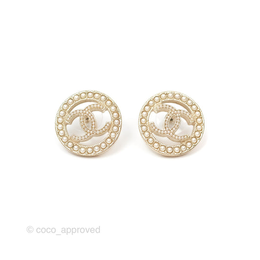 Chanel Pearl CC Round Earrings Gold Tone 17A